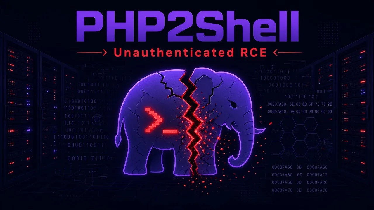 PHP2Shell 대표 이미지. 금이 간 코끼리 안에서 쉘 프롬프트가 새어 나온다